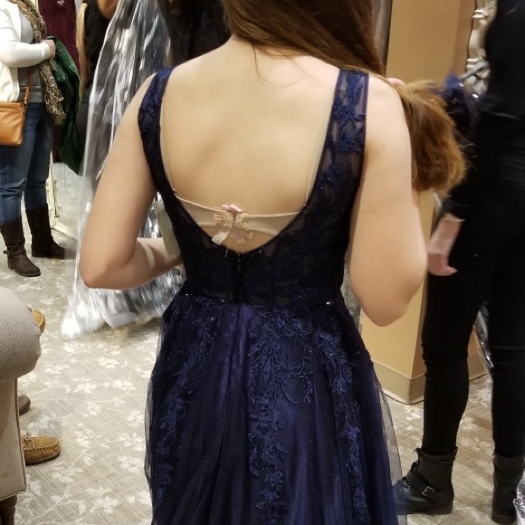 Navy Blue, High Neck, Embroidered, Gown - Picture 2 of 3